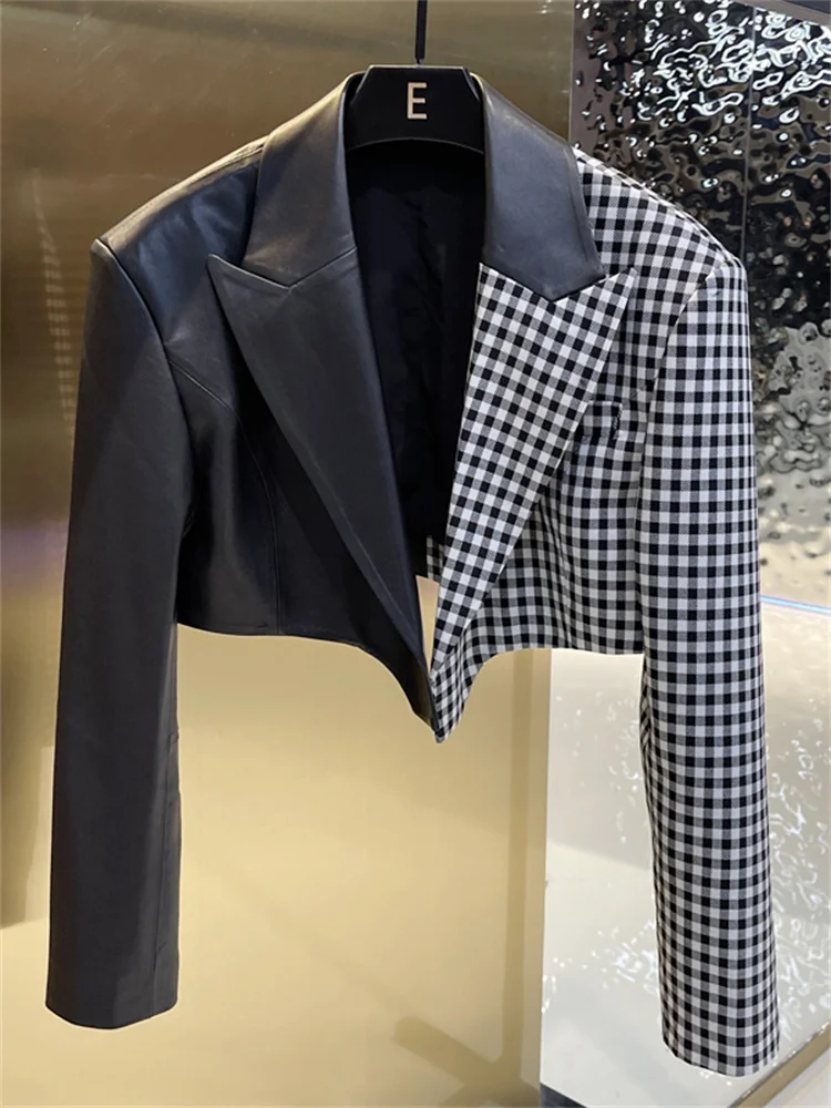 2022 New Color Contrast Leather Jacket Women's Short Suit Houndstooth Coat Leather Stitching Ladies Slim Top Autumn Casual Wear
2022 New Color Contrast Leather Jacket Women's Short Suit Houndstooth Coat Leather Stitching Ladies Slim Top Autumn Casual Wear