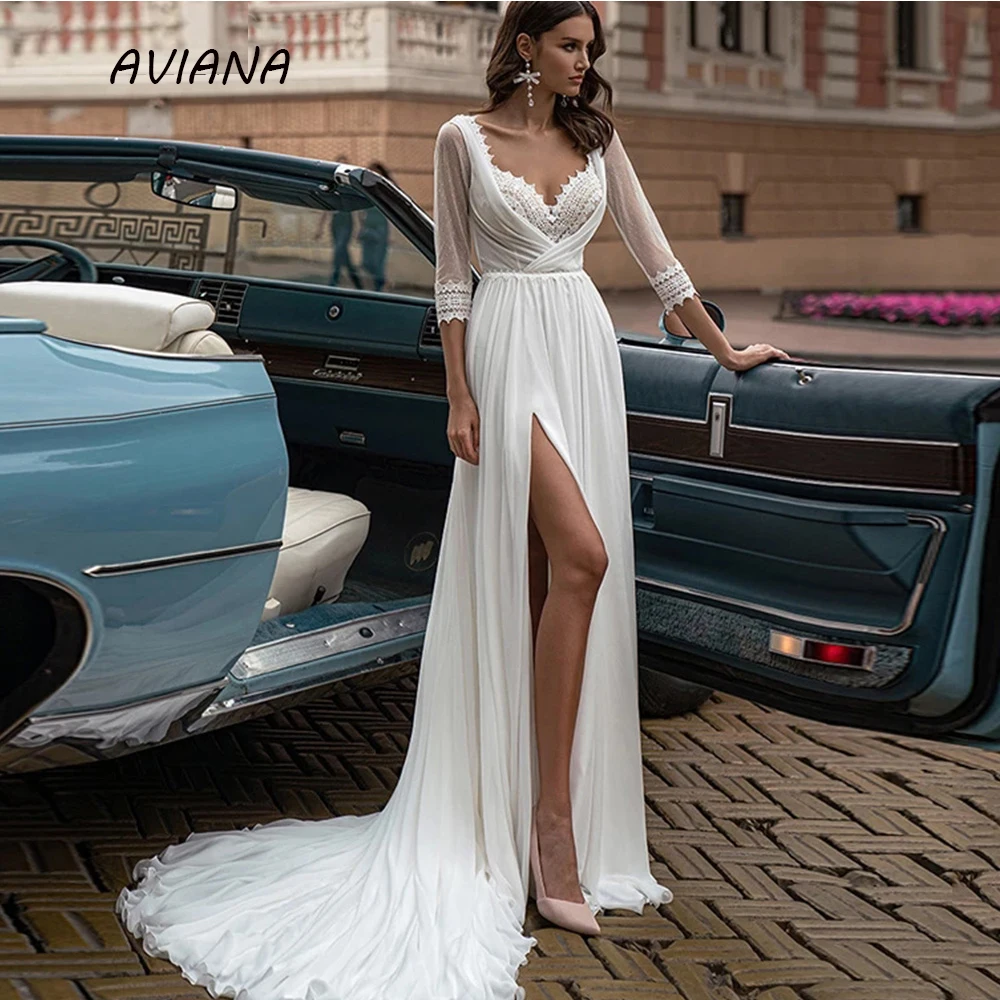 Aviana Elegant Deep V-Neck Wedding Dresses For Women 2023 Illusion Long Sleeves Backless Split A-Line Simple Chiffon Bridal Gown
Aviana Elegant Deep V-Neck Wedding Dresses For Women 2023 Illusion Long Sleeves Backless Split A-Line Simple Chiffon Bridal Gown
