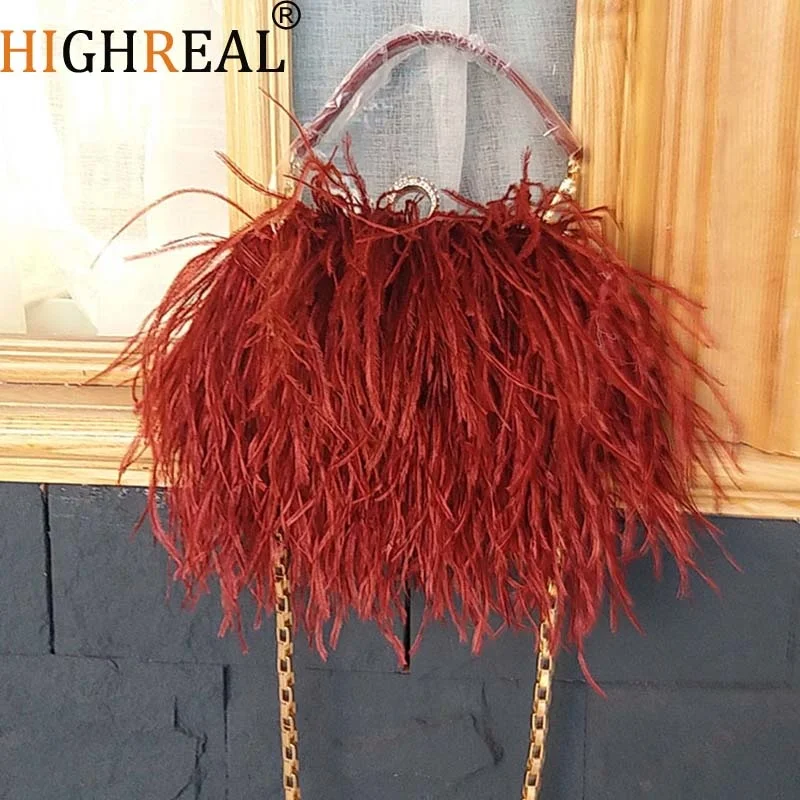 

Luxy Moon Designer Ostrich Fur Feather Wallet Clutch Bag Women Clutch Diamond Knuckle Rings Dinner Evening Bag Chain Purse