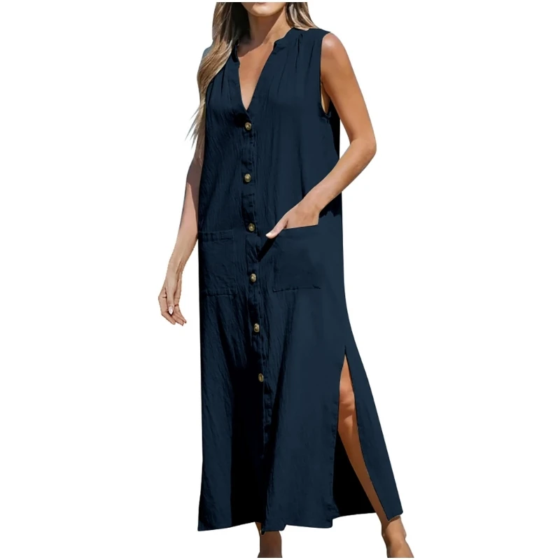 Ladies Sleeveless Dress Womens Button Front Dress Summer V-neck Holiday Dress 57BD
Ladies Sleeveless Dress Womens Button Front Dress Summer V-neck Holiday Dress 57BD