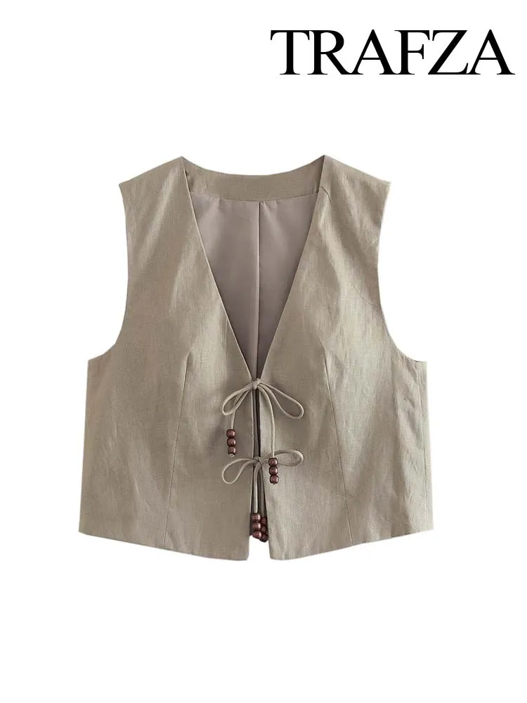 TRAFZA 2023 Women Linen Vests Vintage Beading V Neck Sleeveless Lace Up Cardigan Vests Summer New Female Streetwear Cropped Top
TRAFZA 2023 Women Linen Vests Vintage Beading V Neck Sleeveless Lace Up Cardigan Vests Summer New Female Streetwear Cropped Top
