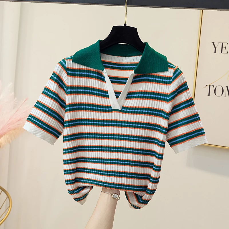 Women Sweater lapel Jumper Stripe color Short sleeves Loose Female Casual Knitted pullover Women clothing 2022 Summer New
Women Sweater lapel Jumper Stripe color Short sleeves Loose Female Casual Knitted pullover Women clothing 2022 Summer New