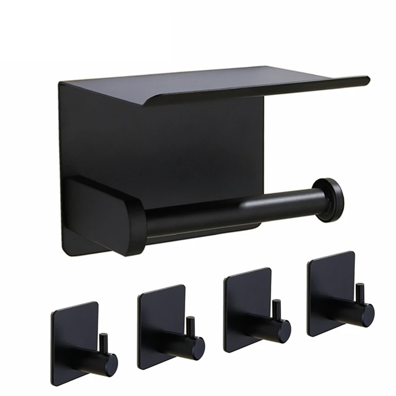Black Toilet Paper Holder, Phone Storage Wall Paper Holder Stainless Steel Bathroom Set With 4 Towelette Bathrobe Hooks
Black Toilet Paper Holder, Phone Storage Wall Paper Holder Stainless Steel Bathroom Set With 4 Towelette Bathrobe Hooks