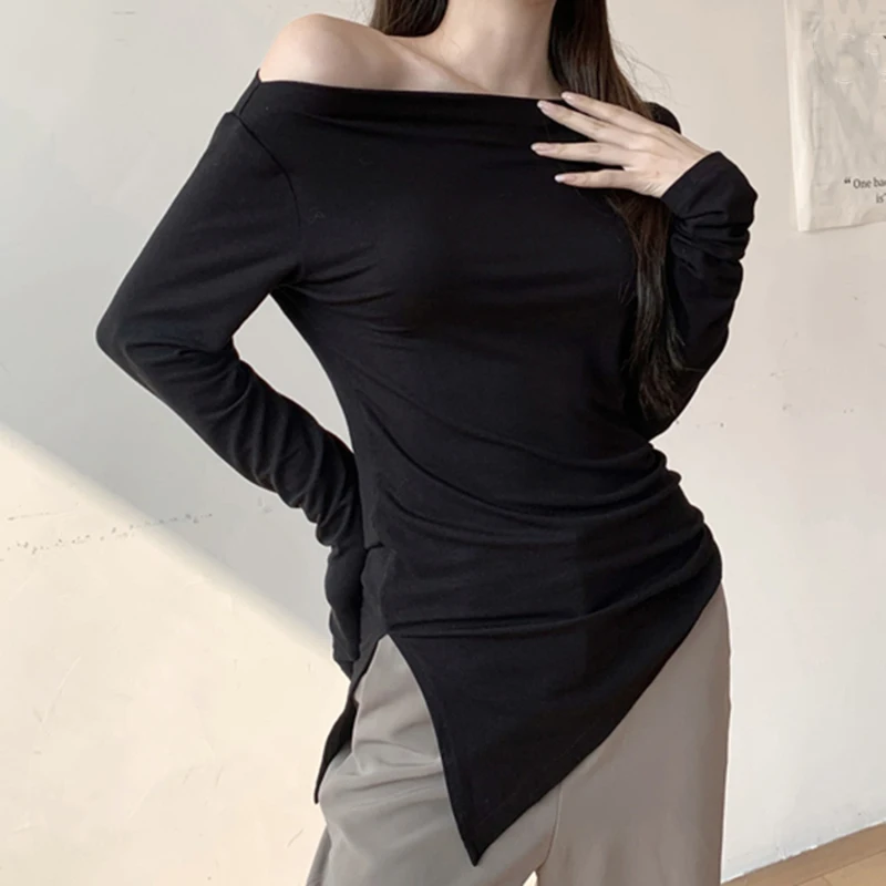 Sexy Slash Neck Ladies T Shirt Solid Full Sleeve Off Shoulder Tops Girls Chic Irregular Split Tops For Woman Autumn
Sexy Slash Neck Ladies T Shirt Solid Full Sleeve Off Shoulder Tops Girls Chic Irregular Split Tops For Woman Autumn