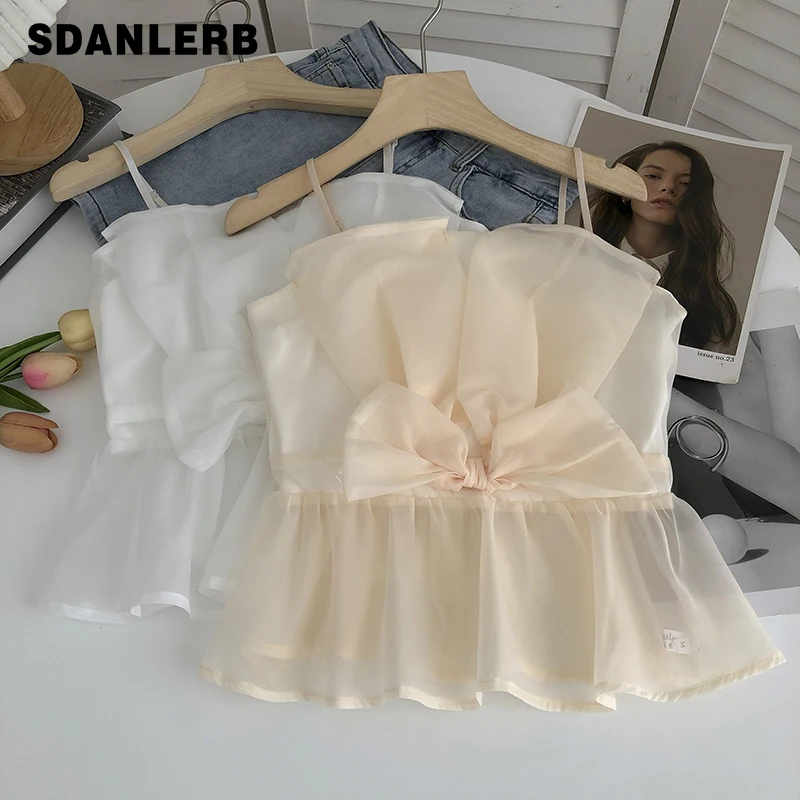 2022 Summer Korean Style Sling Sweet Easy Matching Crop Tops Mesh Stitching Bow Sleeveless Solid Color Camisole for Women
2022 Summer Korean Style Sling Sweet Easy Matching Crop Tops Mesh Stitching Bow Sleeveless Solid Color Camisole for Women