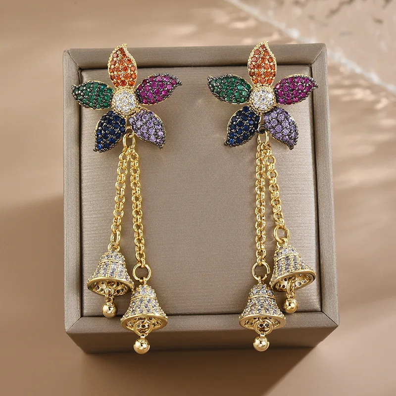 Summer Fashion Flower Bells Tassel Dangle Earings for Ladies Brand Design Micro Pave Cubic Zirconia Colorful Earrings
Summer Fashion Flower Bells Tassel Dangle Earings for Ladies Brand Design Micro Pave Cubic Zirconia Colorful Earrings
