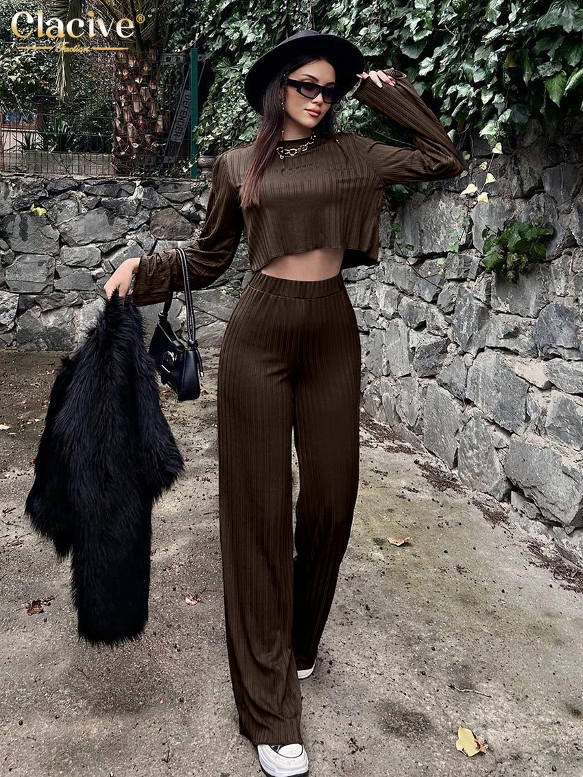 

Модные Узкие коричневые брюки Clacive для женщин, комплект из 2 предметов, элегантный укороченный Топ с длинным рукавом и широкие брюки с высокой талией для женщин