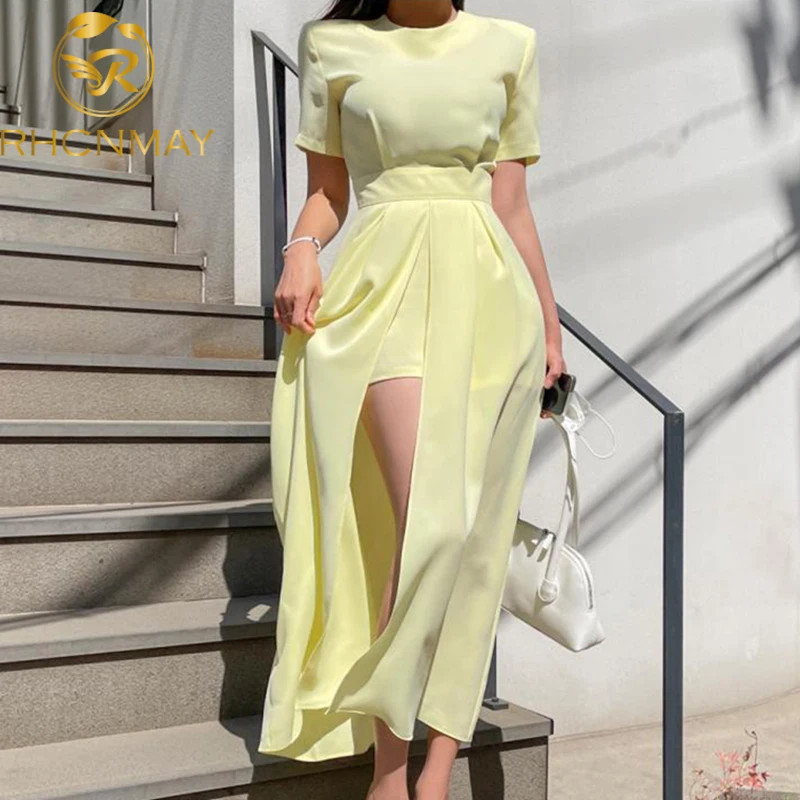 Women's Yellow Chiffon Dress Summer Solid Color Round Neck Split Short Sleeve Elegant Dress Fashion Robe Lady Vestidos
Women's Yellow Chiffon Dress Summer Solid Color Round Neck Split Short Sleeve Elegant Dress Fashion Robe Lady Vestidos