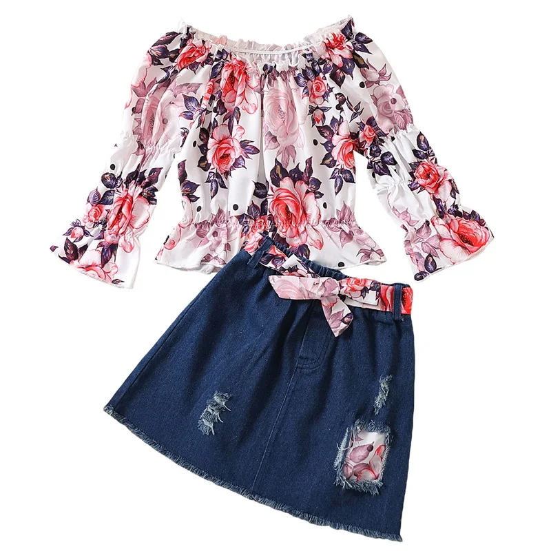Toddler Kids Girls Skirt Set Long Sleeve Off-shoulder Flower Print T-shirt with Belted Denim Skirt 2-piece Outfit
Toddler Kids Girls Skirt Set Long Sleeve Off-shoulder Flower Print T-shirt with Belted Denim Skirt 2-piece Outfit