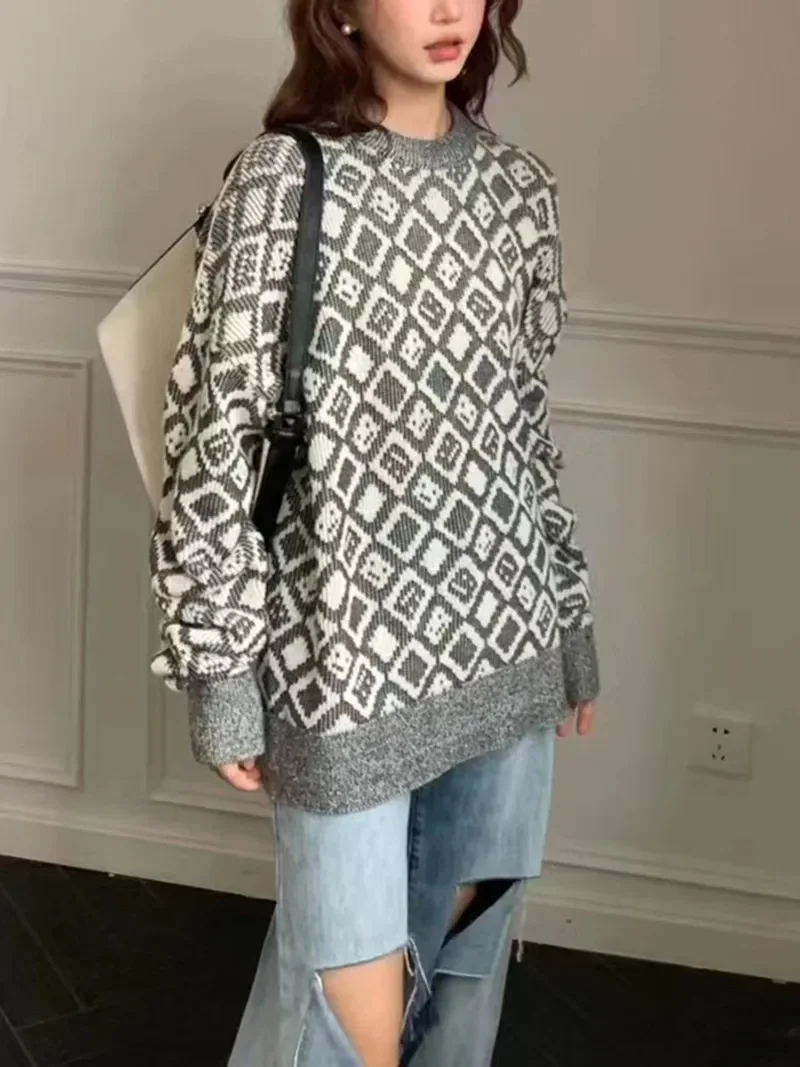 Женский трикотажный жаккардовый свитер с круглым вырезом и геометрическим рисунком, универсальный Свободный Повседневный пуловер с длинным рукавом, Топ
Женский трикотажный жаккардовый свитер с круглым вырезом и геометрическим рисунком, универсальный Свободный Повседневный пуловер с длинным рукавом, Топ