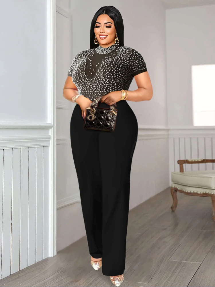 

Women Plus Size Jumpsuits 4XL Sexy See Through Beading Long Sleeve Beige Black Empire Wide Leg One Piece Outfits Luxury Rompers