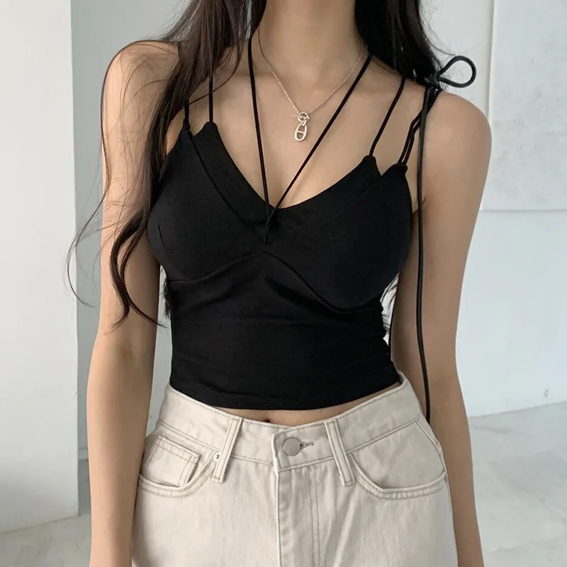 

Sexy Tank Top Black Halter Crop Tops Women Summer Camis Backless Camisole Fashion Casual Tube Top Female Sleeveless Cropped Vest