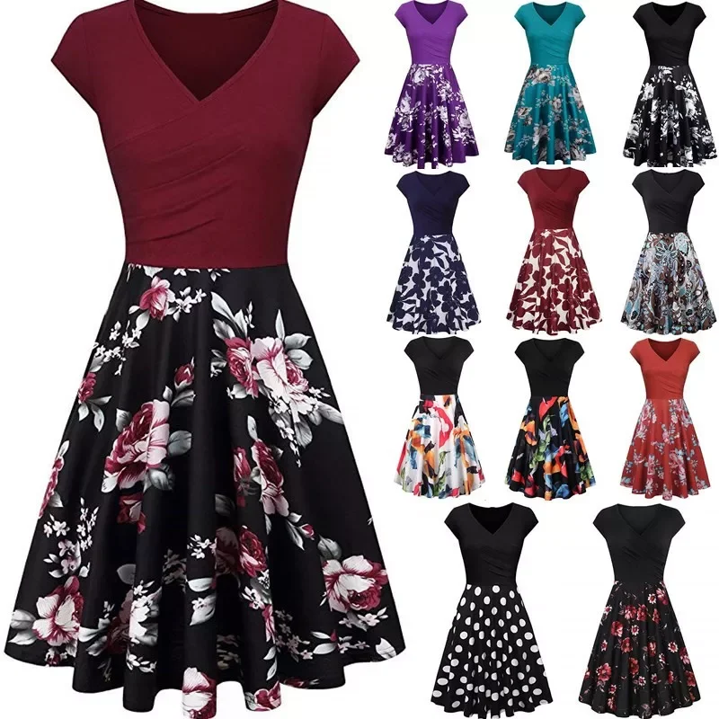 NEW 2023 Female Summer Floral Print Slim Mini Dress 2023 Sexy V-Neck Big Swing Stitching Retro Sundress Women Plus Size Dresses
NEW 2023 Female Summer Floral Print Slim Mini Dress 2023 Sexy V-Neck Big Swing Stitching Retro Sundress Women Plus Size Dresses