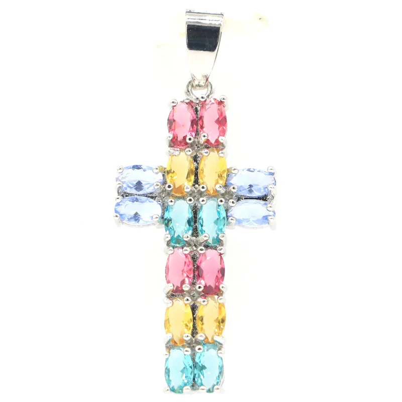 

39x17mm Colorful Cross Shape Tourmaline Golden Citrine Rich Blue Violet Tanzanite Aquamarine Pink Kunzite Silver Pendant