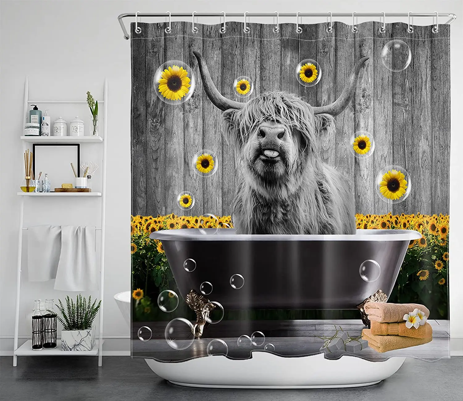 Highland Cow Shower Curtain Farmhouse Bull Cow with Sunflower and Bubbles in Bathtub on Grey Wooden Board Bathroom Curtains
Highland Cow Shower Curtain Farmhouse Bull Cow with Sunflower and Bubbles in Bathtub on Grey Wooden Board Bathroom Curtains