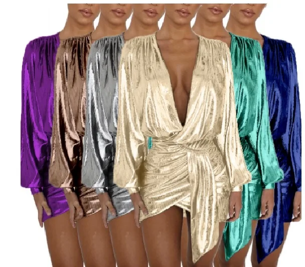Spring Autumn Elegant Solid Color Shiny Party Dress Women Fashion V-Neck Long Sleeve Mini Dresses Sexy Irregular Dress
Spring Autumn Elegant Solid Color Shiny Party Dress Women Fashion V-Neck Long Sleeve Mini Dresses Sexy Irregular Dress