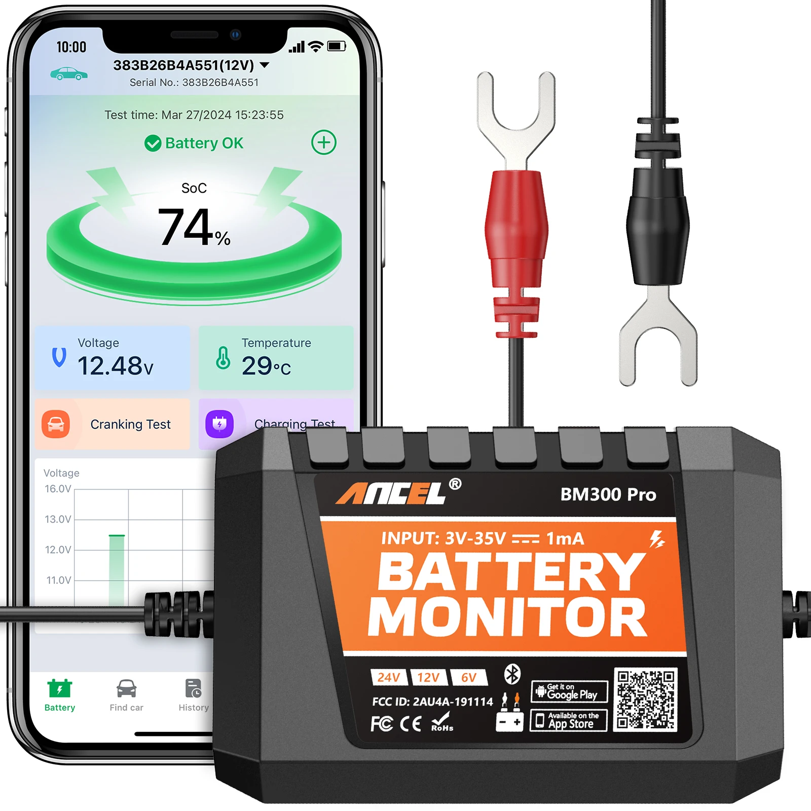 ANCEL BM300 Pro Тестер Автомобильных Аккумуляторов 6В 12В 24В С Bluetooth, Анализатор SOH/SOC
ANCEL BM300 Pro Тестер Автомобильных Аккумуляторов 6В 12В 24В С Bluetooth, Анализатор SOH/SOC