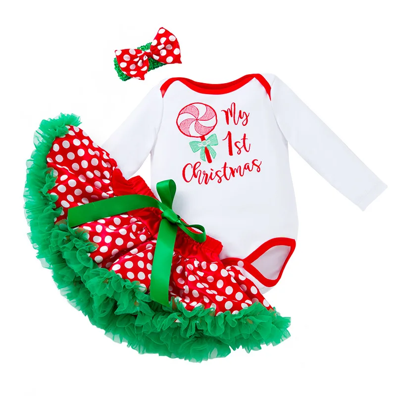 

Newborn Baby Girl Christma Bodysuit Dresses Long Sleeve Tutu Skirts+Headbands Toddler Girls 1st Birthday Party Xmas Outfit New