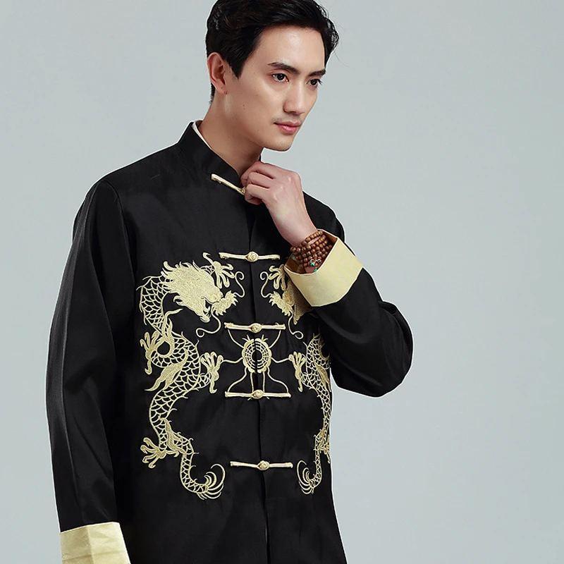 Костюм китайского кунг-фу с вышивкой золотистый костюм с двойным драконом Тан мужская куртка с длинным рукавом весна-осень куртка с воротником для отдыха Брюс Ли 
Костюм китайского кунг-фу с вышивкой золотистый костюм с двойным драконом Тан мужская куртка с длинным рукавом весна-осень куртка с воротником для отдыха Брюс Ли