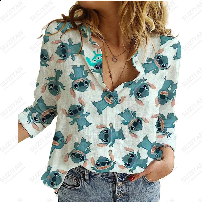 

2023New Spring and Autumn Long Sleeve Button Up Shirt 3D Printed Loose and Comfortable Harajuku Fit Large Disney Stitch Cardigan
