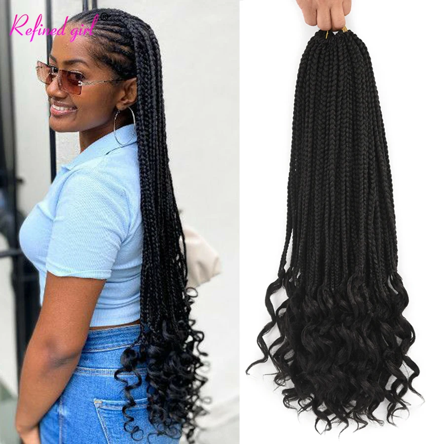 

14 18 24Inch Curly Ends Box Braids Crochet Hair Pre looped Synthetic Box Braid Ombre Brown Bohemian Braiding Hair Extensions