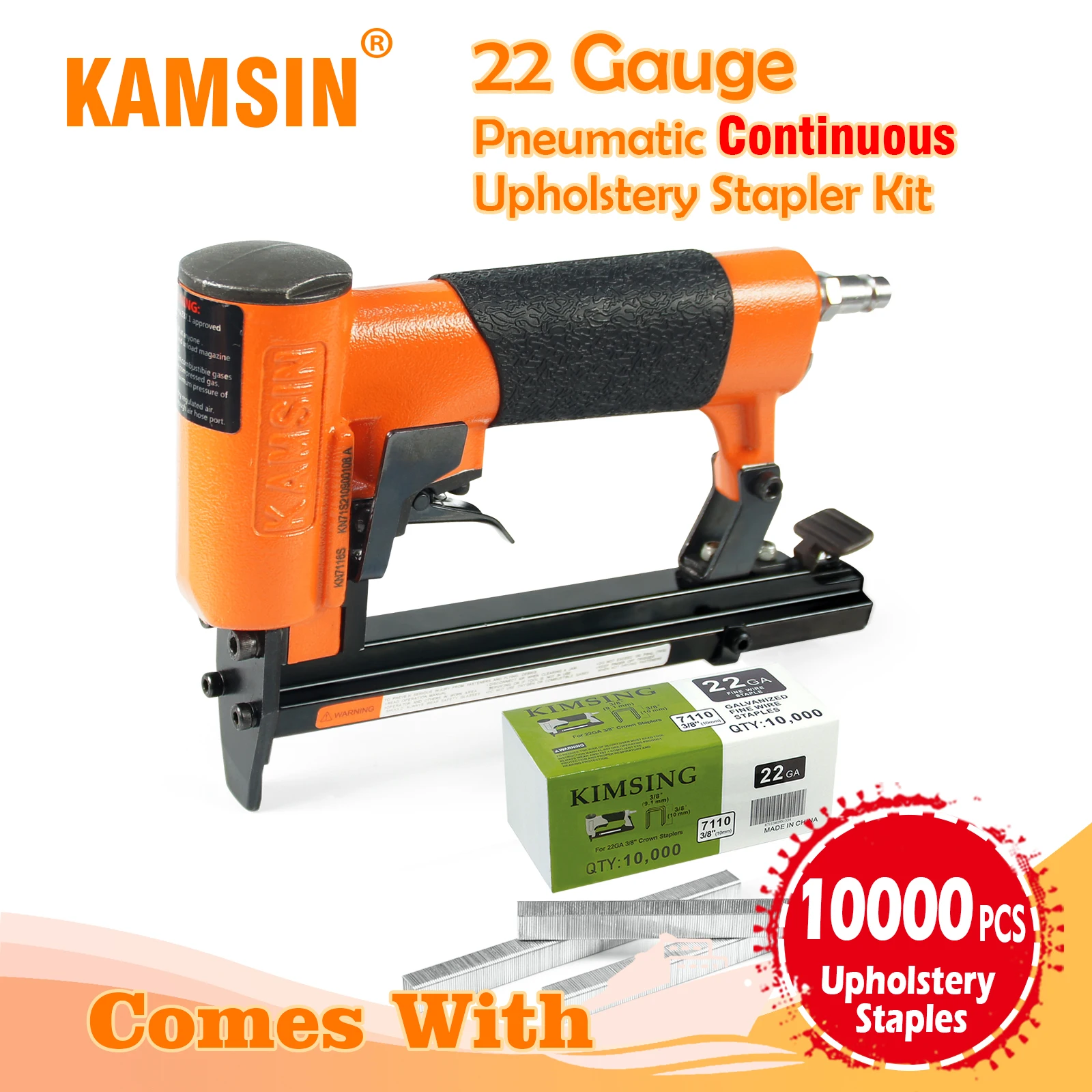 

KAMSIN 22 Gauge KN7116S Pneumatic Continuous Firing Upholstery Stapler Kit Comes with 6mm or 10mm Length 9mm Crown Staples