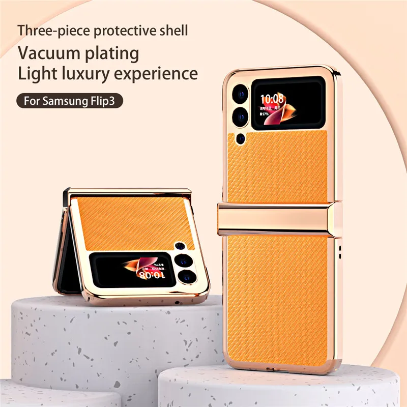 Plating Hinge Full Protection Case for Samsung Galaxy Z Flip 3 Leather Texture Phone Cover 3 in 1 Hard Shockproof Cover Case 
Plating Hinge Full Protection Case for Samsung Galaxy Z Flip 3 Leather Texture Phone Cover 3 in 1 Hard Shockproof Cover Case
