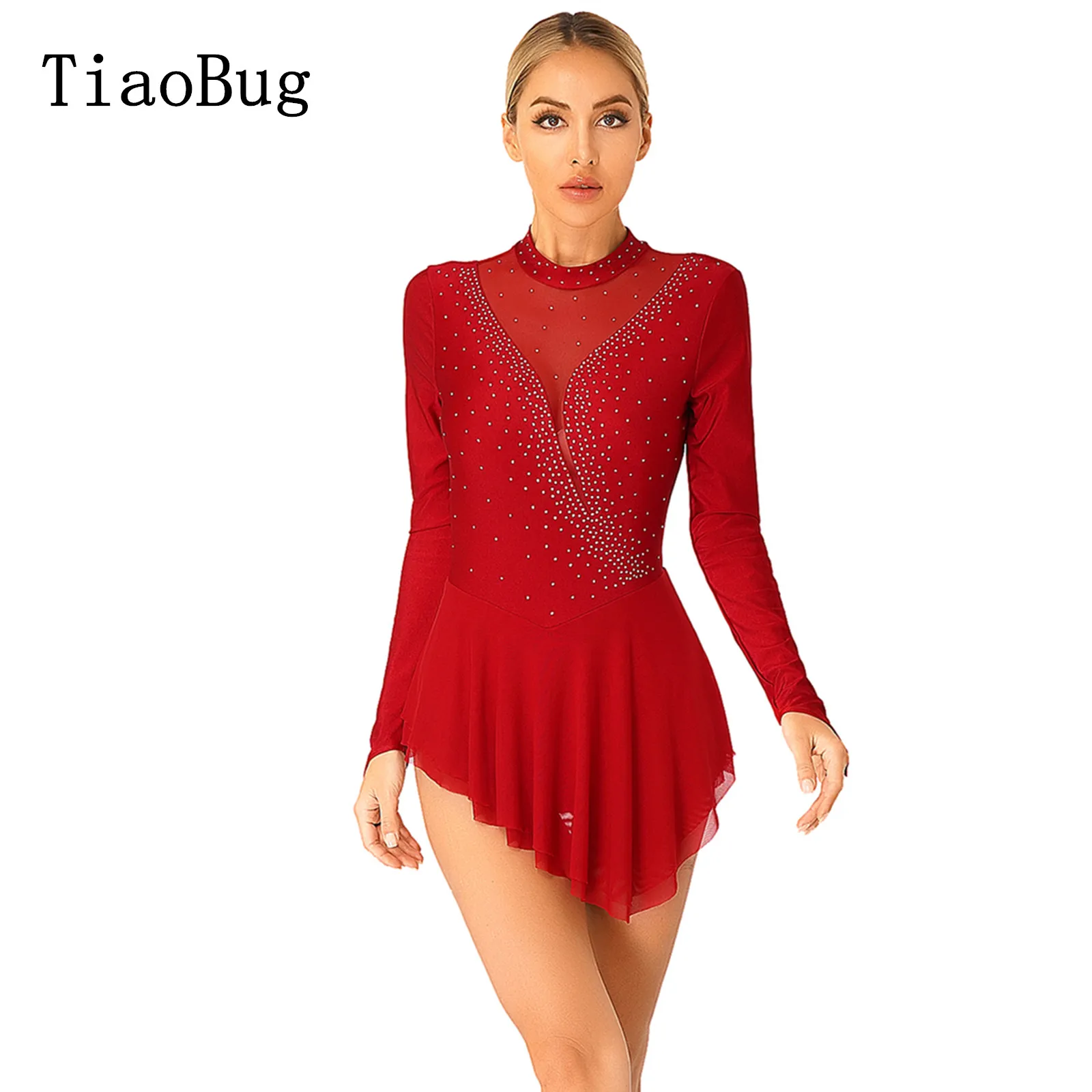 

Women Ice Skating Dance Dress Glittery Rhinestone Sheer Mesh Patchwork Irregular Hem Long Sleeve Dresses for Competition Costume