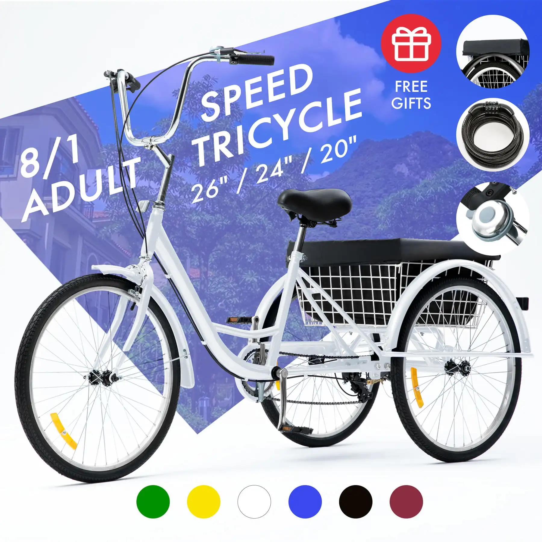 26inch 8-speed 3 Wheel Adult Tricycle Large Basket Cruiser Bike for Shopping, White
26inch 8-speed 3 Wheel Adult Tricycle Large Basket Cruiser Bike for Shopping, White
