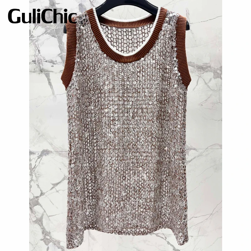 7.17 GuliChic Women Temperament Contrast Color Round Neck Sleeveless Heavy Industry Sequins Hollow Out Knitted Tank Top
7.17 GuliChic Women Temperament Contrast Color Round Neck Sleeveless Heavy Industry Sequins Hollow Out Knitted Tank Top