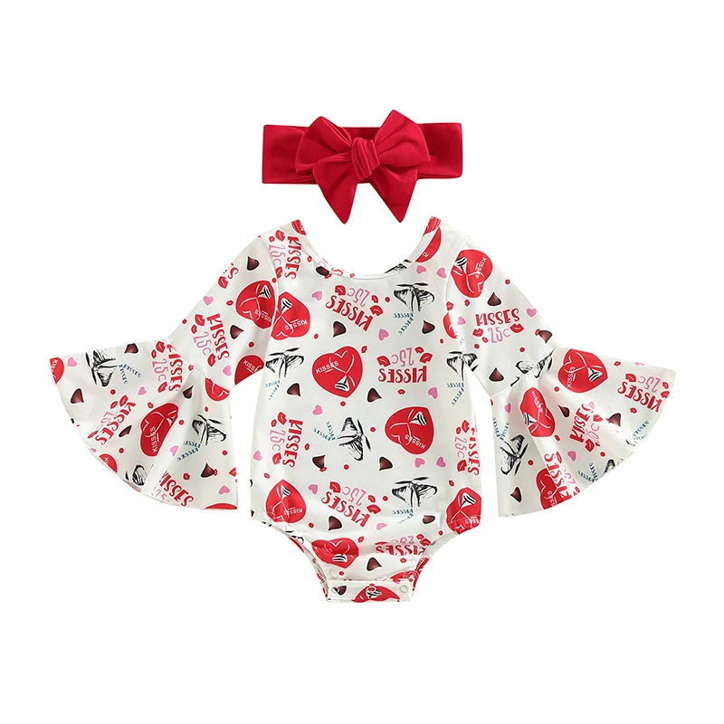 

SUNSIOM Baby Girls Romper Set Valentine's Day Long Flare Sleeve Crew Neck Heart Print Romper with Hairband 2PCS