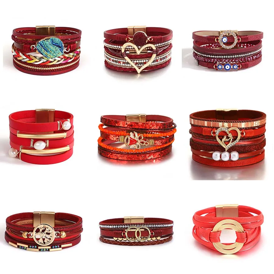 

Amorcome Red Color Leather Bracelets for Women Boho Heart Bell Multilayer Strips Wide Wrap Bracelet Valentine's Day Jewelry Gift