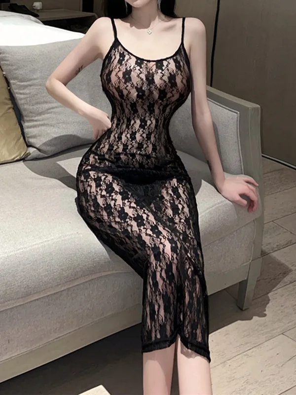 

Sexy Spicy Girl Small Plum Blossom Perspective Long Dress Strap Dress Female Pornographic Backless Perspective Lace New EVZS