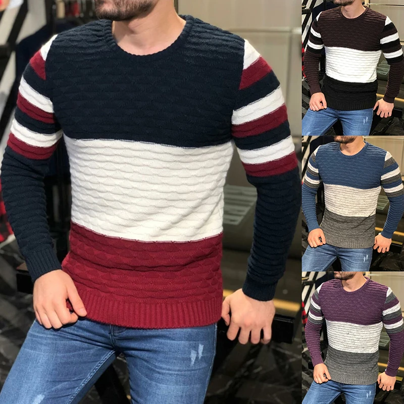 2022 Spring New Adult Men's Patchwork Strip Muscle Sweater Round Neck Splicing Striped Sweater Tops Clothing For Man 
2022 Spring New Adult Men's Patchwork Strip Muscle Sweater Round Neck Splicing Striped Sweater Tops Clothing For Man