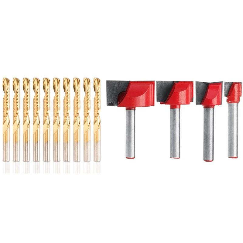 4 Pcs Bottom Cleaning Engraving Bit & 10 Pcs CNC Router Bits Spiral Router Bit Set Titanium Coated End Mill
4 Pcs Bottom Cleaning Engraving Bit & 10 Pcs CNC Router Bits Spiral Router Bit Set Titanium Coated End Mill
