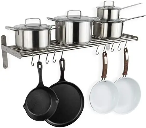 Kitchen Organization and Storage , Stainless Steel Metal Shelf with 10 S Hooks for Hanging Pots and Pans, Chrome Accessoire cui 
Kitchen Organization and Storage , Stainless Steel Metal Shelf with 10 S Hooks for Hanging Pots and Pans, Chrome Accessoire cui