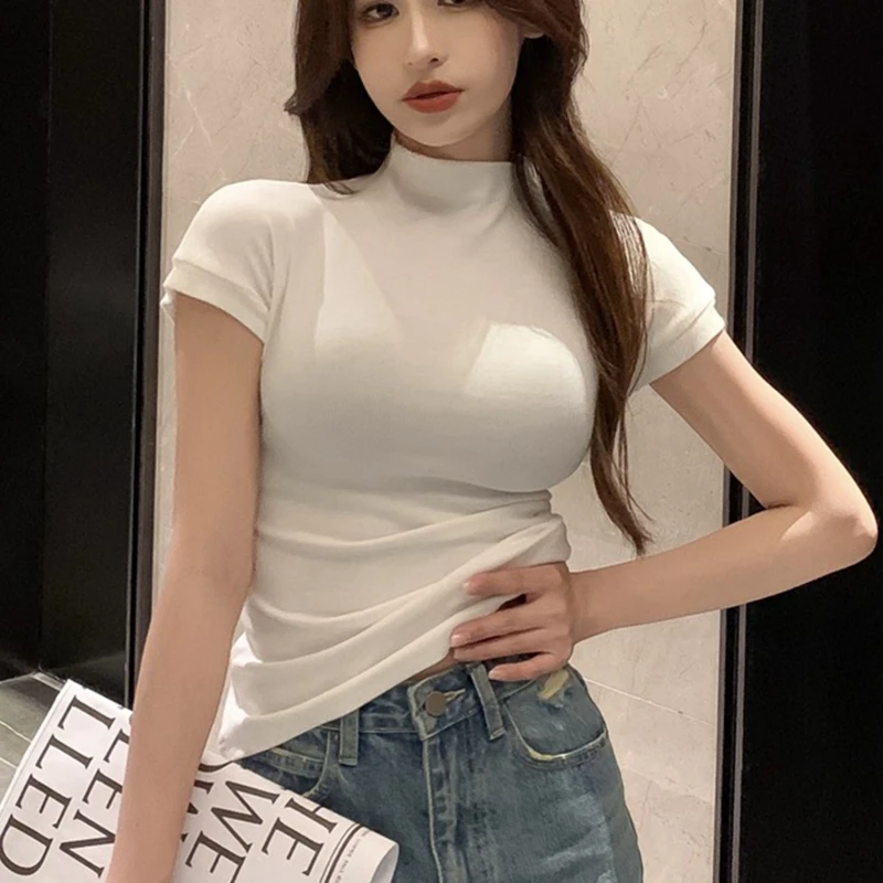 Women's Half Turtleneck Short Sleeve Bottom T-Shirt Solid Color Simple Slim Casual Versatile Elegant Femme Pullover Tops 2023
Women's Half Turtleneck Short Sleeve Bottom T-Shirt Solid Color Simple Slim Casual Versatile Elegant Femme Pullover Tops 2023