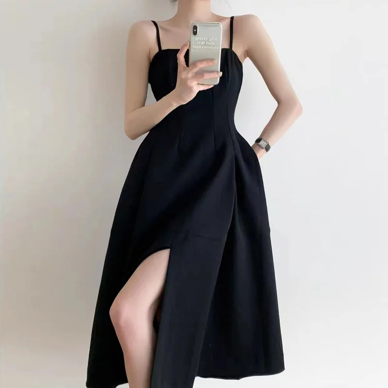 French Vintage Dress Split Strap Long Dress High Waist Temperament Small Black Dress Fashion Dress for Women Formal Dresses
French Vintage Dress Split Strap Long Dress High Waist Temperament Small Black Dress Fashion Dress for Women Formal Dresses