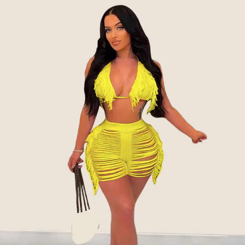 WUHE Knit Ribbed Tassel Ripped Hole Shorts Set for Women Sexy Halter Bra Top Matching Two Piece Set Outfit Beach Swimsuit
WUHE Knit Ribbed Tassel Ripped Hole Shorts Set for Women Sexy Halter Bra Top Matching Two Piece Set Outfit Beach Swimsuit
