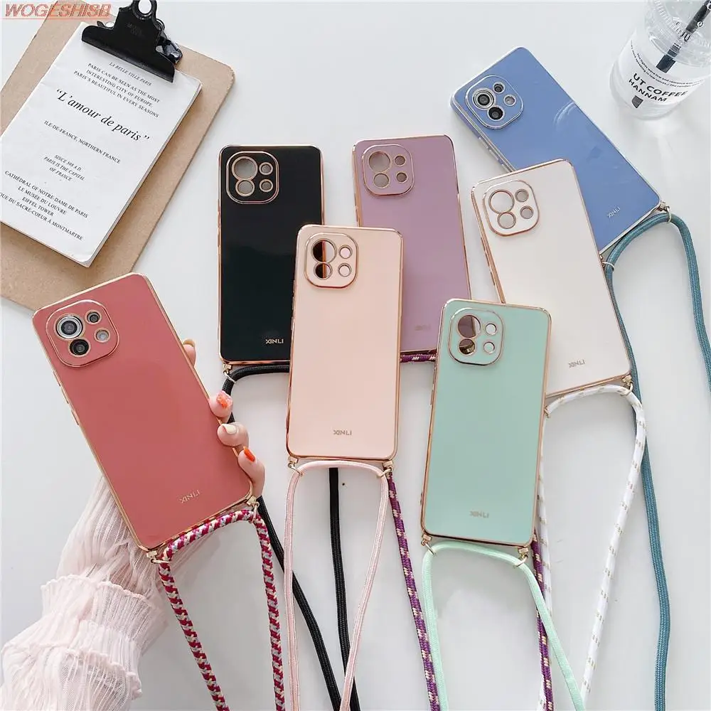 

Lanyard Necklace Plating Phone Case For Xiaomi Black Shark 4s 5 Civi 1S Mi 8 9 9T 10S 10i 10T Lite CC9 Note 10 Pro Mix 4 Cover