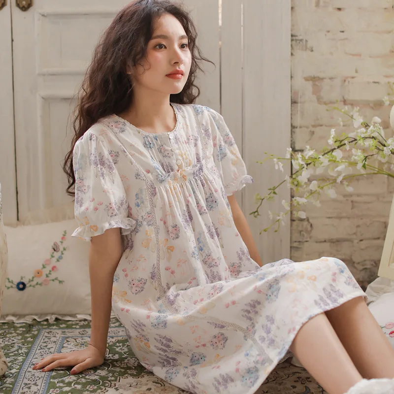 Summer Sweet Floral Print Cotton Nightgowns For Women Short Sleeve Loose Elegant Night Dress
Summer Sweet Floral Print Cotton Nightgowns For Women Short Sleeve Loose Elegant Night Dress