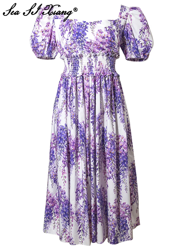 Seasixiang Fashion Designer Summer Cotton Dress Women Square Collar Puff Sleeve Flowers Print Elastic Waist Vintage Midi Dresses
Seasixiang Fashion Designer Summer Cotton Dress Women Square Collar Puff Sleeve Flowers Print Elastic Waist Vintage Midi Dresses