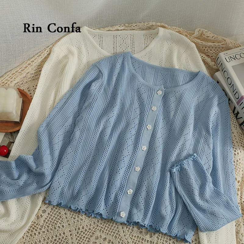 

Rin Confa Diamond Check Hollow Out Single-Breasted Top Women Fashion Flower Button Thin Long Sleeve Cardigan Short Knitting Top