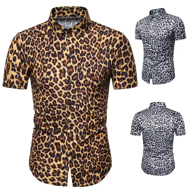 

Рубашка мужская приталенная с леопардовым принтом, модная повседневная однобортная с короткими рукавами и отложным воротником, уличная од...