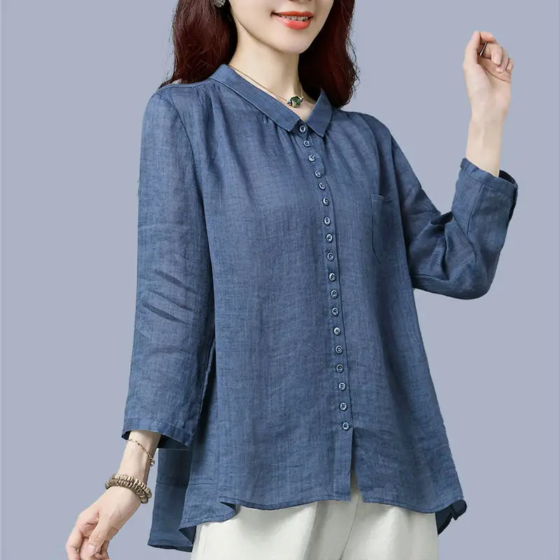 Retro Cotton and Linen Shirt Women's Summer Three-quarter Sleeve Blue Doll Collar Loose Summer Top 2021 New Collar Blouse Goth
Retro Cotton and Linen Shirt Women's Summer Three-quarter Sleeve Blue Doll Collar Loose Summer Top 2021 New Collar Blouse Goth