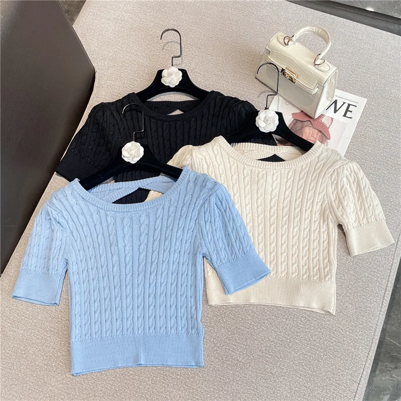 Summer 2022 New Collection Short Sleeve O Neck Back Hollow Out Slim Knitting T Shirt Women GE652
Summer 2022 New Collection Short Sleeve O Neck Back Hollow Out Slim Knitting T Shirt Women GE652