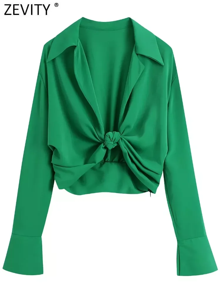 Zevity Women Fashion Turn Down Collar Knotted Green Color Short Smock Blouse Female Long Sleeve Slim Shirt Chic Crop Tops LS9465
Zevity Women Fashion Turn Down Collar Knotted Green Color Short Smock Blouse Female Long Sleeve Slim Shirt Chic Crop Tops LS9465