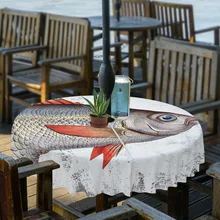 Antique Mottled Oil Painting Fish Outdoor Tablecloth with Umbrella Hole Zippered Waterproof Picnic Patio Round Table Cover