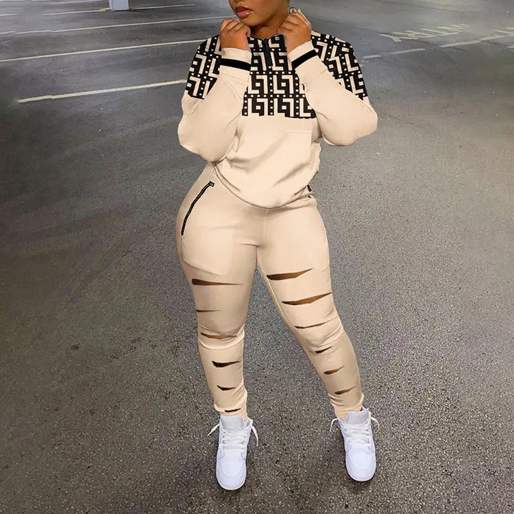 

New fashion Sweatpants Sets Zip Detail Long Sleeve Top& Ladder Cutout Pants Set Casual Sweatshirt Set two piece sets female suit