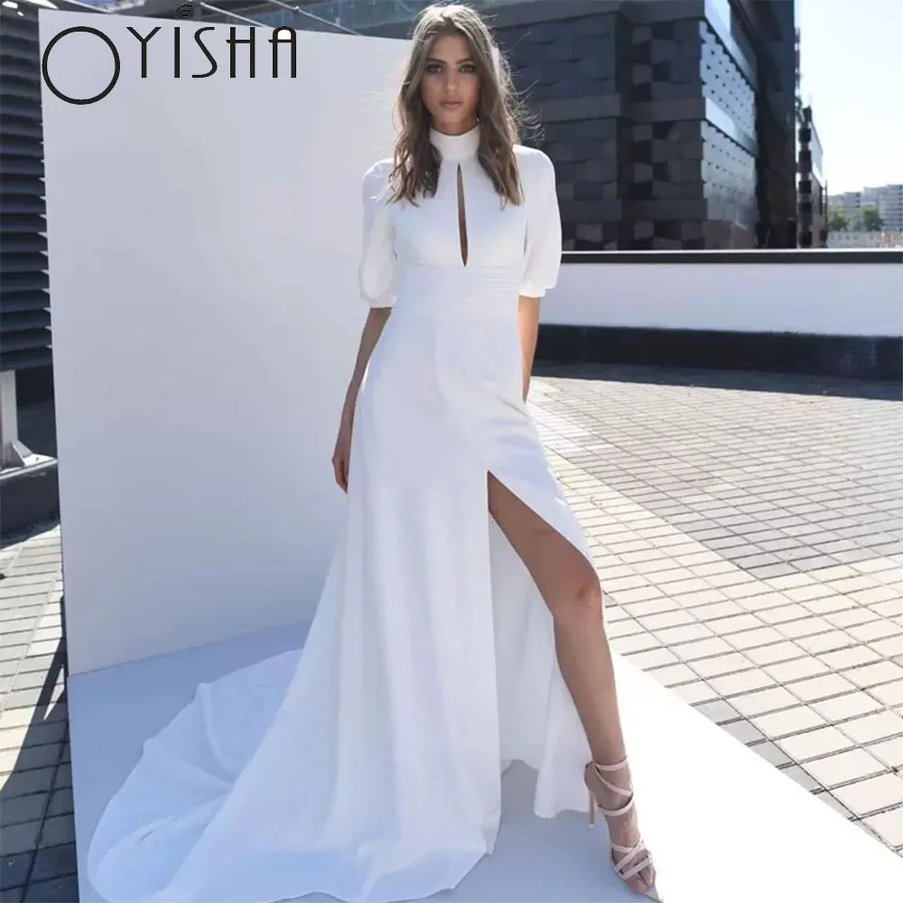 OYISHA сексуальные белые свадебные платья 2023 с коротким рукавом платья невесты с высоким воротом спереди с разрезом Сатиновые Простые платья со шлейфом
OYISHA сексуальные белые свадебные платья 2023 с коротким рукавом платья невесты с высоким воротом спереди с разрезом Сатиновые Простые платья со шлейфом